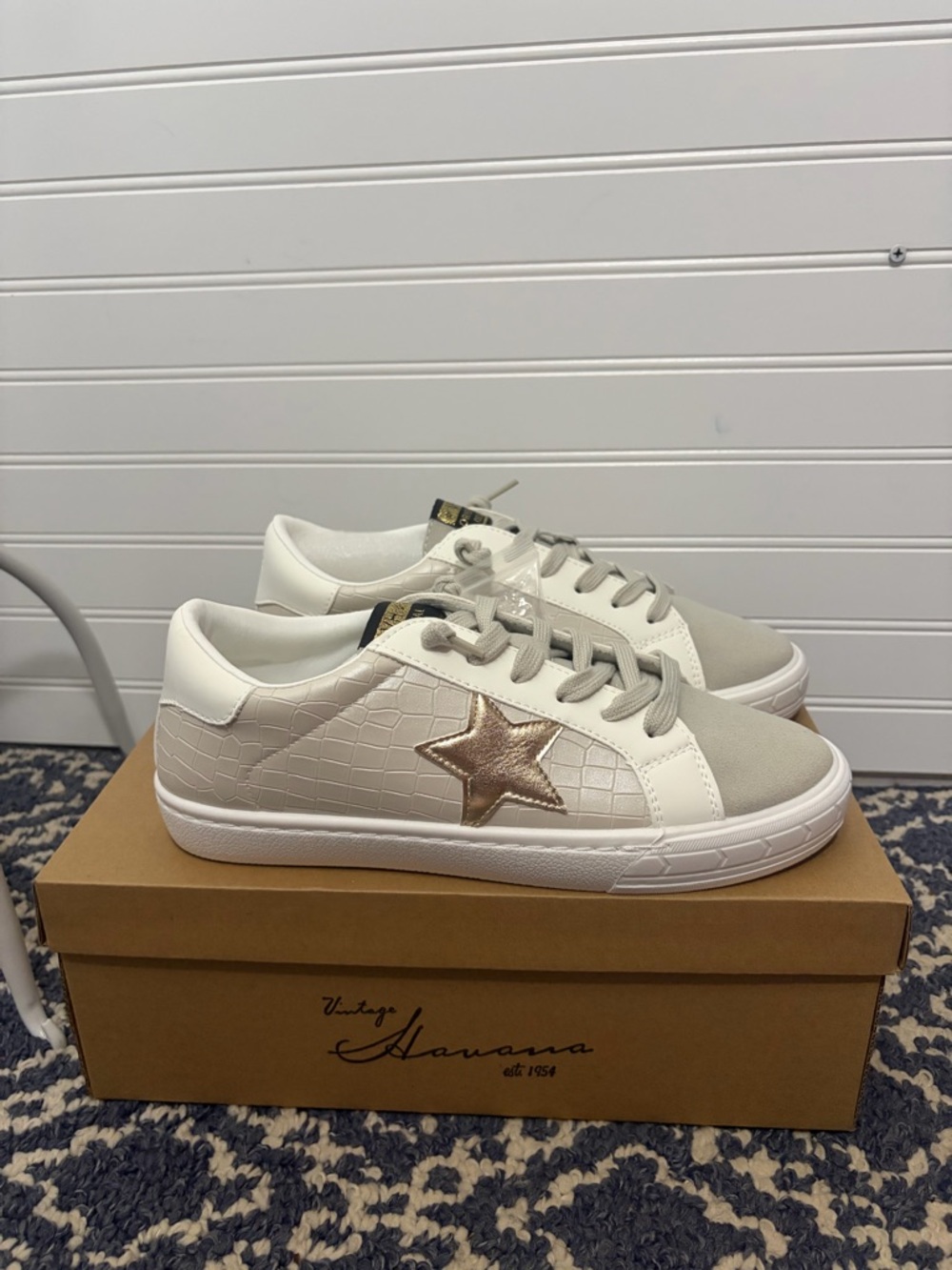 NWT- Vintage Havana White & Stone Gray Low-Top Sneakers with Gold Logo Patch